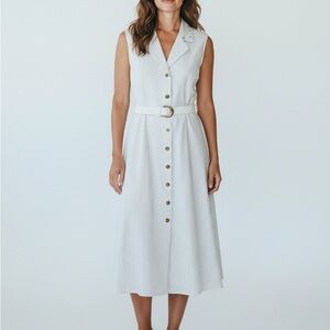 Vtg 80s White Sleeveless Button Down Midi Dress Sz 14 Belted Gold Studs Canadian